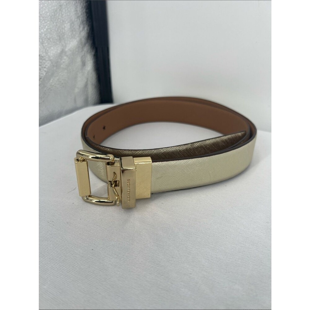 Michael Kors Cream and Brown Reversible Leather Belt with Gold Buckle